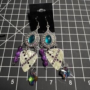 Silver tone crystal base with purple beads & guitar pick dangle earrings